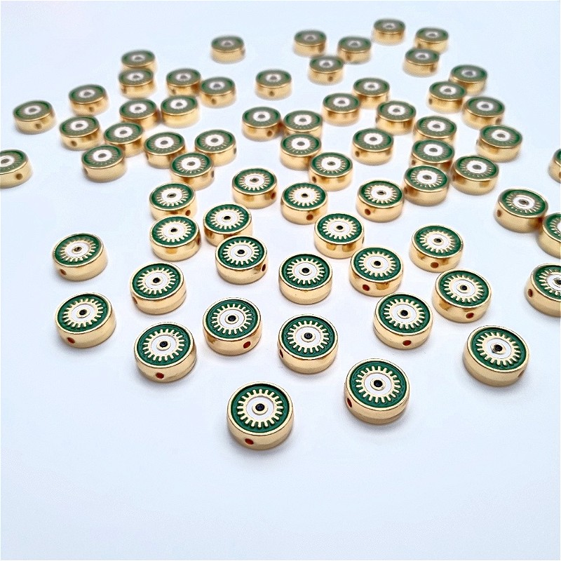 Przekładka monetka/ emaliowane zielone oko/ złoty 12mm 1szt AKG922D